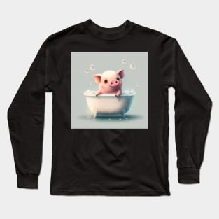 Cute Happy Pig Bathroom Drawing Illustration Long Sleeve T-Shirt